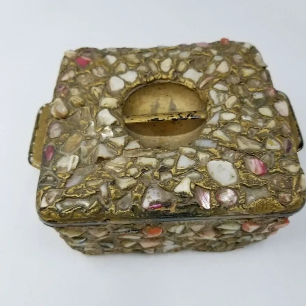 Moroccan Wedding Jewelry Box Inlaid Semi-Precious Stones Gems Gold 2.5